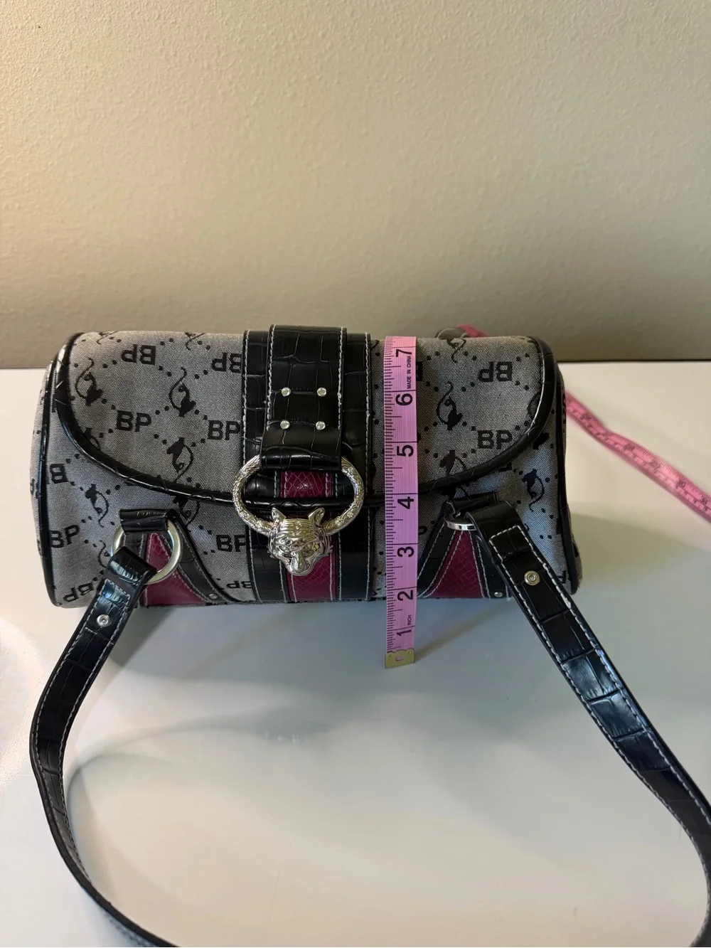 Baby Phat Gray and Black Shoulder Bag with Metallic Feline Clasp